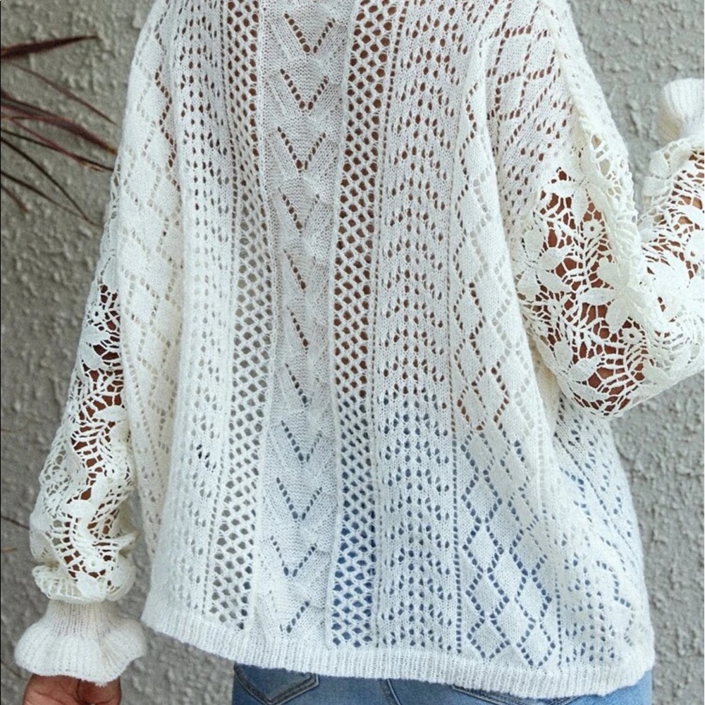 WHITE POINTELLE KNIT DROP SHOULDER SWEATER - Picture 2 of 9